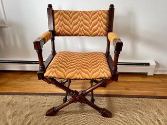 Fantastic Mid Century Wood Framed Bargello Needlepoint Upholstered Campaign Chair