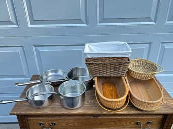 Assorted Pots And Pans, And Baskets