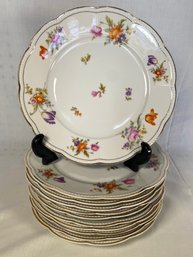 11 K&A Krautheim Selb Bavaria Porcelain Dinner Plates 10' Floral Design Gold Rim Textured Trim