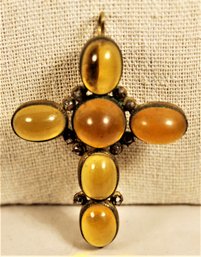 Antique Amber Cabochon Stone Cross Pendant In Gilt Metal