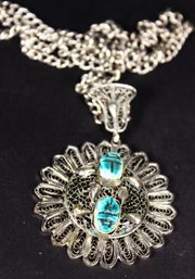 SILVER FILIGREE VINTAGE NECKALCE W EGYPTIAN REVIVAL SCARAB MEDALLION