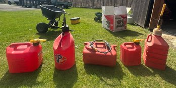 5 Red Containers: Gasoline 5 Gal, Vp Racing, Dura Tank Gasoline, Gasoline 2.5 Gal & Gasoline Pumping