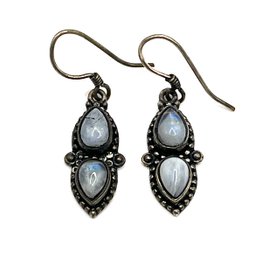 Vintage Ornate Silver Tone With Cloudy White Agate Stone Dangle Earrings
