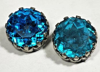 Large Vintage Silver Tone Aqua Colored Rhinestone Earrings Ear Clips