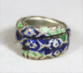 Very Heavy Ethnographic Silver Coiled Ring Having Enamel Decoration