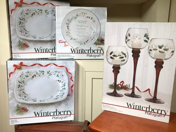 (4) Lots Brand New PFALTZGRAFF Winterberry Christmas China Lot PLUS Bonus Pair International Silver Hurricanes