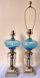 Pair Antique Glass Table Lamps With Marble Bases & Hanging Crystals & Modern Wiring