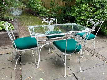 Vintage Wrought Iron Patio Dining Table With Four Matching Chairs With Sunbrella Seat Cushions