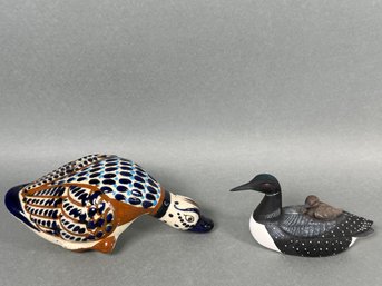 Vintage Tonala Mexico Folk Art Pottery Duck & Wooden Decoy Duck Figure