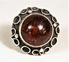 Large Dome Shaped Hallmarked Sterling Silver Ring Having Large Genuine Amber Stone