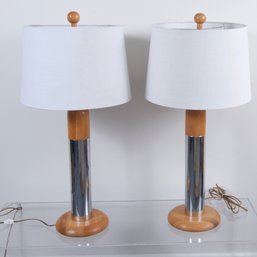 Vintage 70s Oak & Chrome Table Lamp Set Of 2