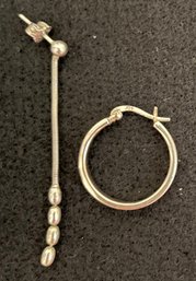 Vintage 925 Sterling Silver - Miscellaneous Single Pierced Earrings - 1 Inch Hoop - 2.25 Inch Long Dangle -