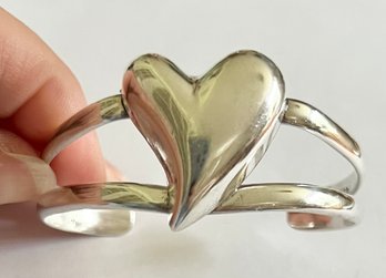 VINTAGE CHUNKY STERLING SILVER HEART CUFF BRACELET MEXICO