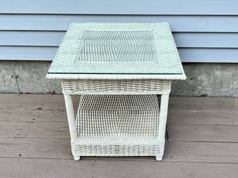 White Wicker Side Table With Glass Top