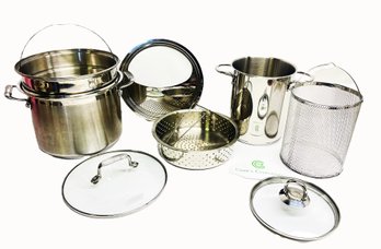 Two Sets Of Stainless Steel Multi Pots With Strainers-NOS Cooks Essential 4QT & Tromontina 6QT