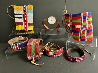 1950-60's Lot  Of  Authentic African Maasai Beaded Jewelry Leather Backed Brought Back From Kenya