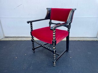 Vintage Red Velvet Upholstered Black Armchair