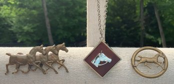 3 Piece Vintage Equestrian Horse Lot ~ 2 Pins & 1 Necklace ~