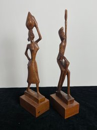 Pair Of African Hand Carved Wooden Figurines, Woman Carrying Water, Man Drumming