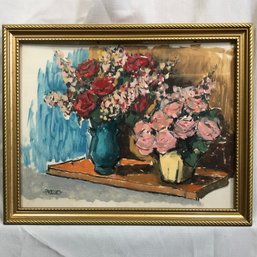 Original James Pascucci Oil On Board Painting Flowers On Shelf - SKU: AA73792