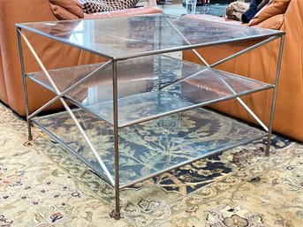 A Modern Wrought Iron And Glass Three Tiered Side Table