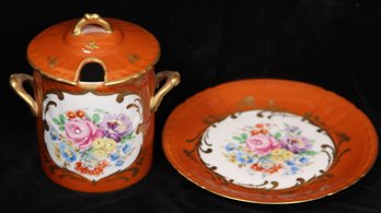 HAND PAINTED FRENCH LIDDED JAR & MATCHING PLATE WITH GOLD EDGES