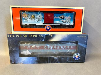 NIB Lionel Trains: 2010 Christmas Box Car O Gauge & Polar Express Diner Car, 6-39332 & 6-25134