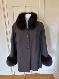 Gorgeous Flemington Fur Trimmed Black Water Resistent Outer Coat W/ Gorgeous Mink Fur Lining & Black Fox? Trim