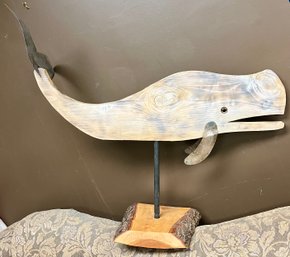 Vintage Wood Folk Art Whale Figure Decor - Glass Eyes - Metal - Handmade - Large - 33.25 H X 37.5 L