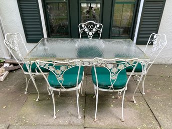 Vintage Wrought Iron Patio Dining Table And Five Matching Chairs With Sunbrella Seat Cushions