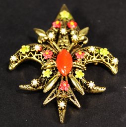 UNSIGNED FLORENZA FLEUR DE LIS GOLD TONE EMBELLISHED BROOCH