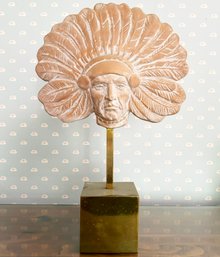 A VIntage Earthenware Native American Bust On Brass Mount