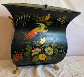 Tole Footed Two Handle Decorated Bin