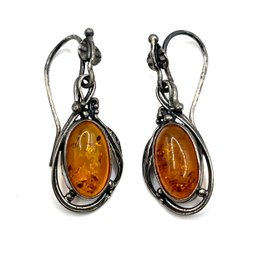 Vintage Sterling Silver Ornate Amber Color Stone Dangle Earrings
