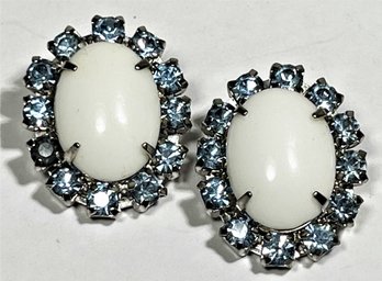 Opaque White And Blue Rhinestone Earrings Ear Clips