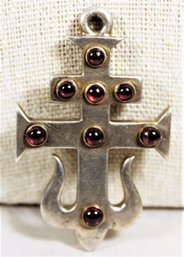 Antique Solid Silver Caravaca Cross Pendant Brooch Having Garnet Stones