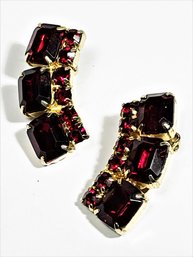 Vintage Dark Red Rhinestone Earrings Ear Clips