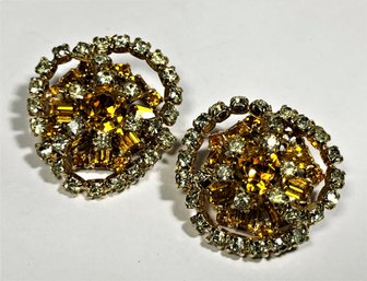 Signed KRAMER Amber Colored Rhinestone Earrings Ear Clips