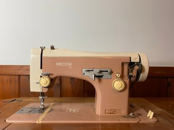 Vintage Pink Necchi (Italy) Sewing Machine In Cabinet Table With Drawer Contents -