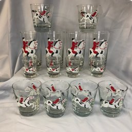 Fantastic Group Of 14 Vintage LIBBEY GLASS - TALLY HO Glassware - Equestrian Theme - Various Sizes - WOW !