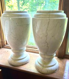 Pair Of Elegant White Marble Pedestal Vases