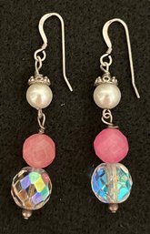 Vintage 925 Sterling Silver Pierced Dangle Earrings - Iridescent Crystal - Pearl - Pink Stone - 2.25 Inches L