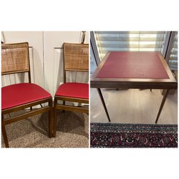 Pair Of Vintage Stakmore Folding Chairs With Cane Back & Coordinating Folding Table