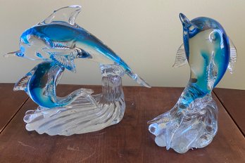 Two Glass Dolphin Figurines
