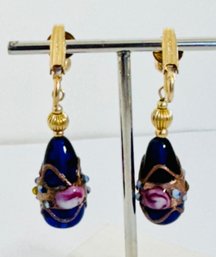 VINTAGE 14K GOLD-FILLED DECORATED BLUE MURANO GLASS DROP CLIP-ON EARRINGS
