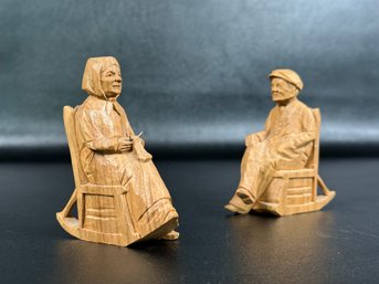 A Charming Vintage Hand-Carved Folk Art Couple, Old Man & Woman In Rocking Chairs