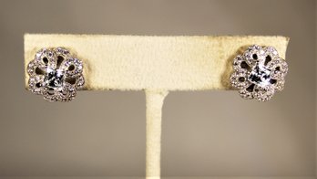 Very Fine Sterling Silver White Stone CZ Pierced Earrings Rosettes