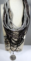 Fine Large Multi Strand Crystal Beaded Necklace W American US Silver Coins Sterling Silver