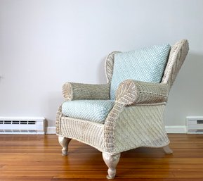 Amazing Antiqued Wingback Rolled Arm Wicker Chair With Coastal Vibe Cushions