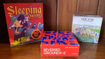 Puzzles And Card Game - Sleeping Queens Cards, NY Magazine And Reversed Grounds Puzzles